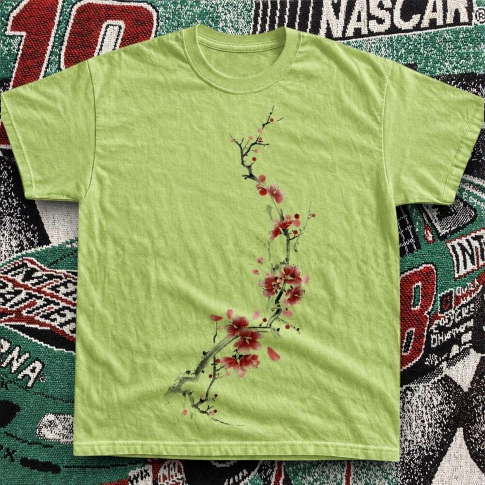 Cherry Blossom Ink Brush Graphic Tee Kiwi Green Unisex